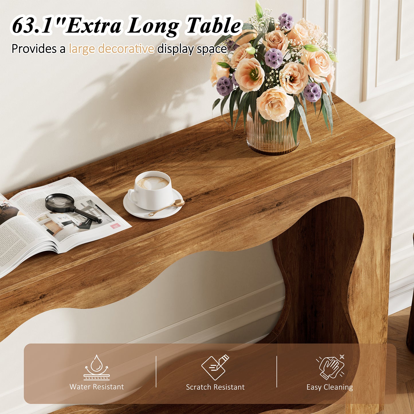 Walsunny Farmhouse Console Table, 63 Inch Scalloped Industrial Wooden Storage Entryway Accent Table, Wavy Console Table for Living room