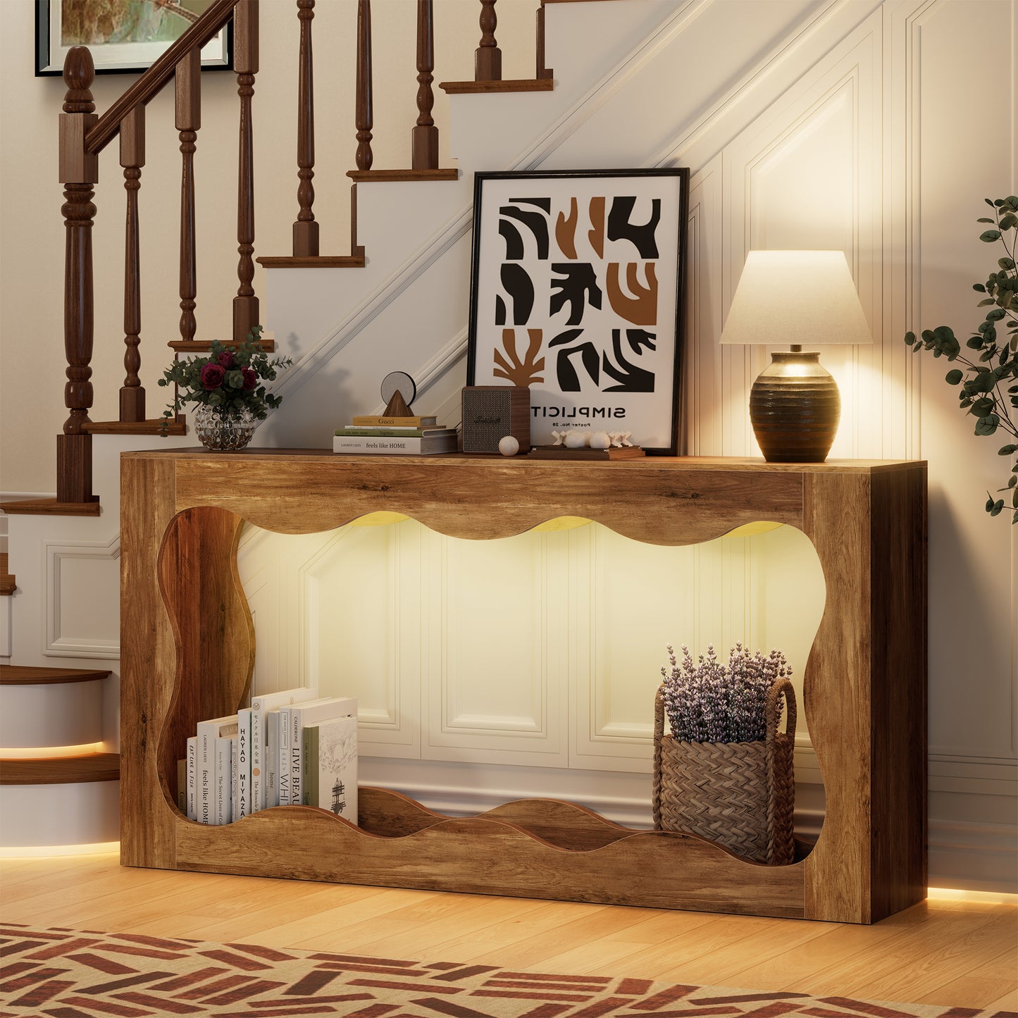 Walsunny Farmhouse Console Table, 63 Inch Scalloped Industrial Wooden Storage Entryway Accent Table, Wavy Console Table for Living room
