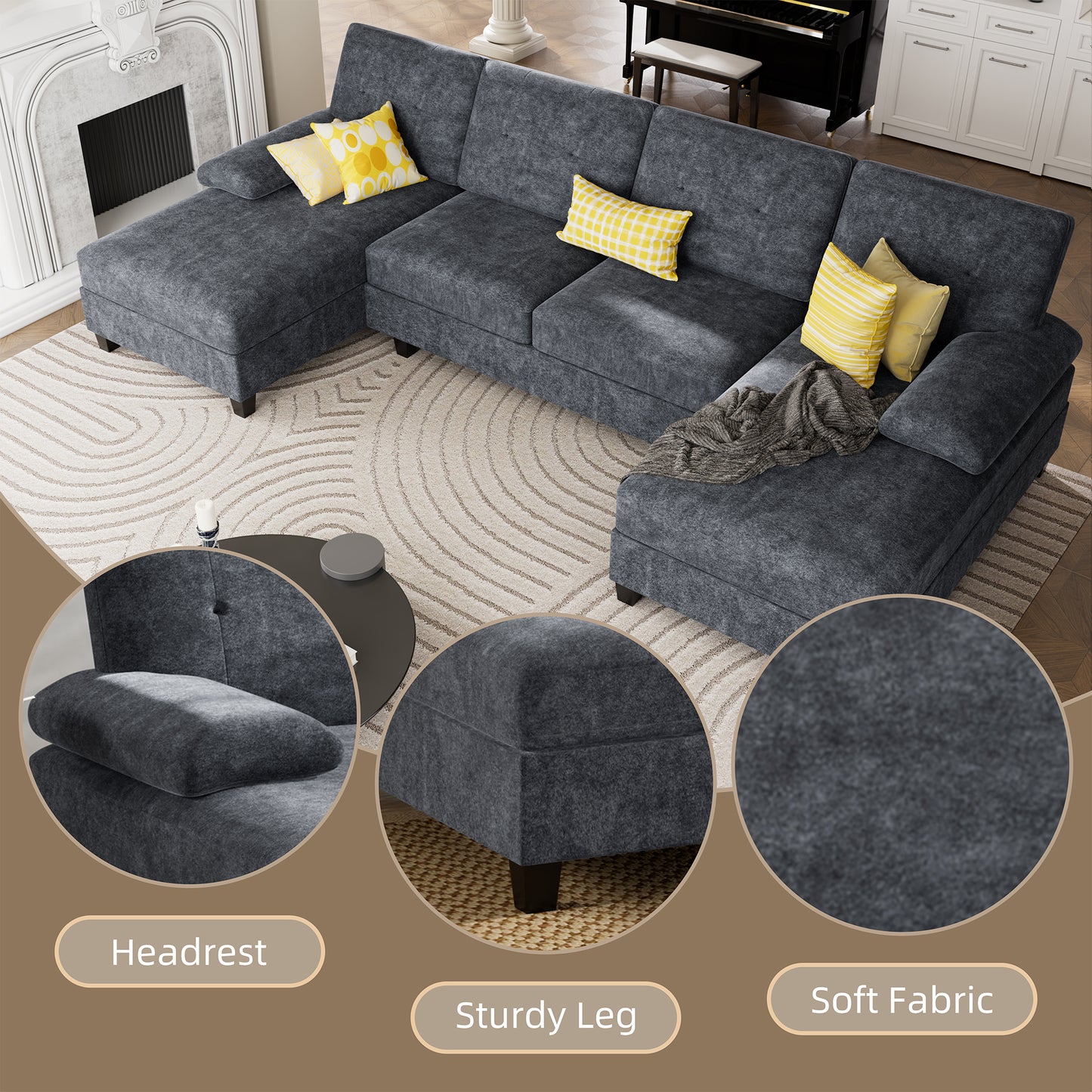 Walsunny 106'' 4-Seat U Shaped Modern Sectional Sofa with  Double Chaises