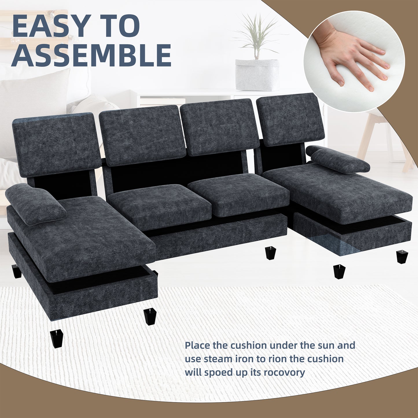 Walsunny 106'' 4-Seat U Shaped Modern Sectional Sofa with  Double Chaises