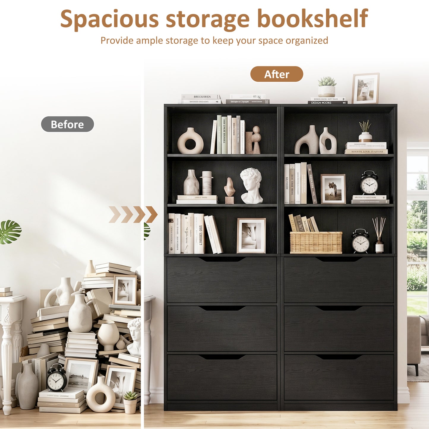 Walsunny Bookshelf with Drawers, 6 Tier H Shaped Bookcase with 3 Open Shelves, Wooden Tall Bookshelf and Bookcase for Living Room