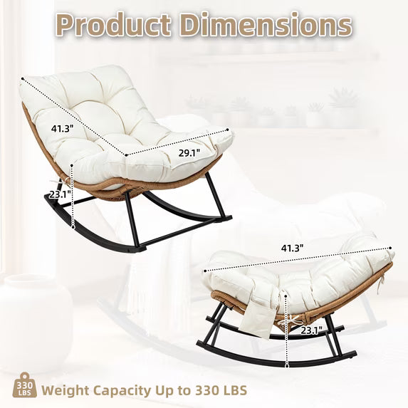 Walsunny Rocking Papasan Chair,Oversized Rocking Chair with Thick Cushion Steel Frame Side Storage Pockets,330 lbs for Garden,Porch,Living Room,Nature Rattan Beige Cushion