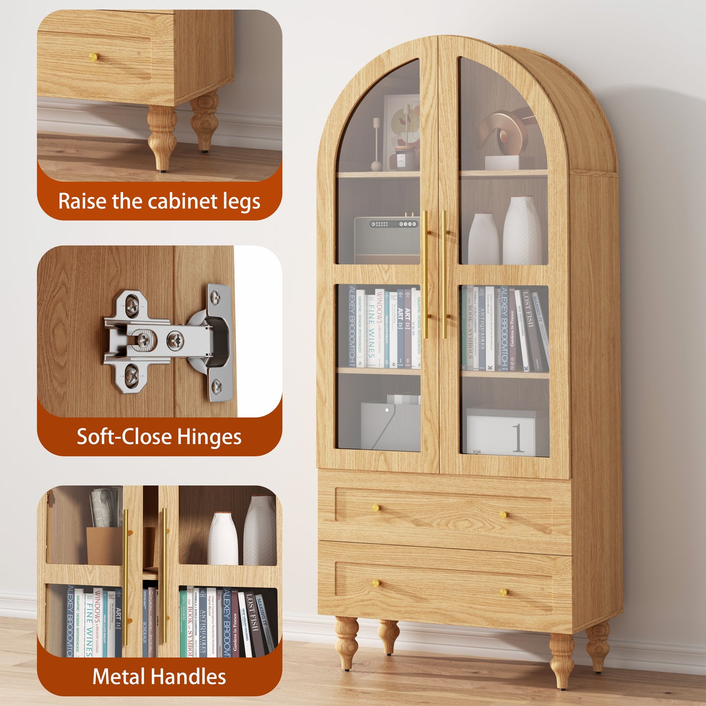 Walsunny 6-Tier Arched Bookshelf, Farmhouse Bookcase with Glass Doors & Drawers, 70" Tall Display Shelf, Wooden Storage Cabinet for Living Room, Dining Room