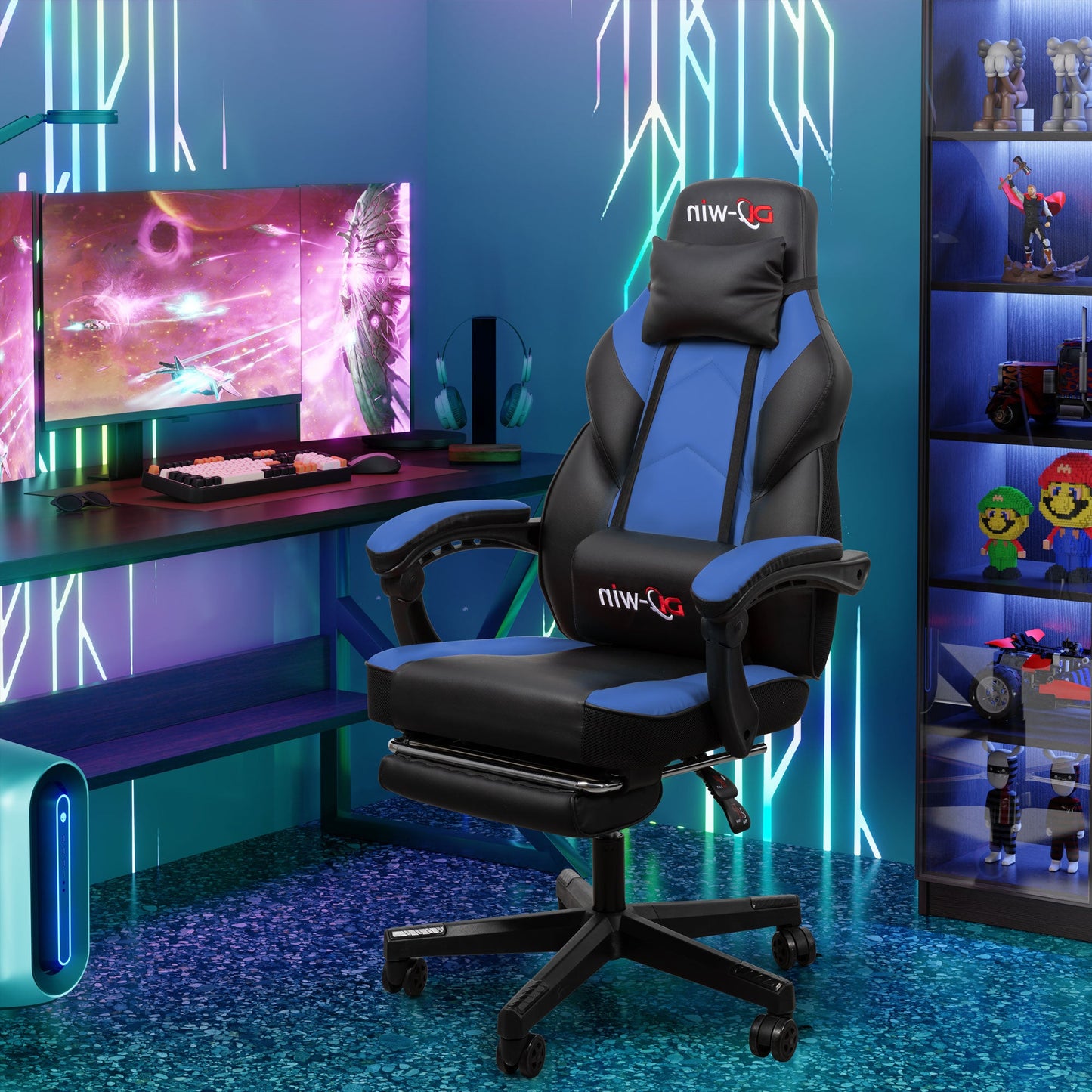 Walsunny Gaming Chairs with Footrest, Massage Leather Game Chair for Adults Big and Tall Gamer Chair with Headrest and Lumbar Support with Ergonomic PU Leather