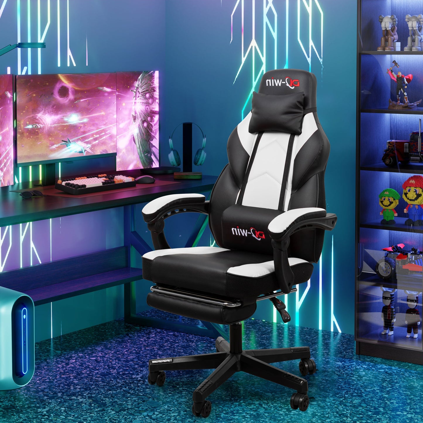 Walsunny Gaming Chairs with Footrest, Massage Leather Game Chair for Adults Big and Tall Gamer Chair with Headrest and Lumbar Support with Ergonomic PU Leather