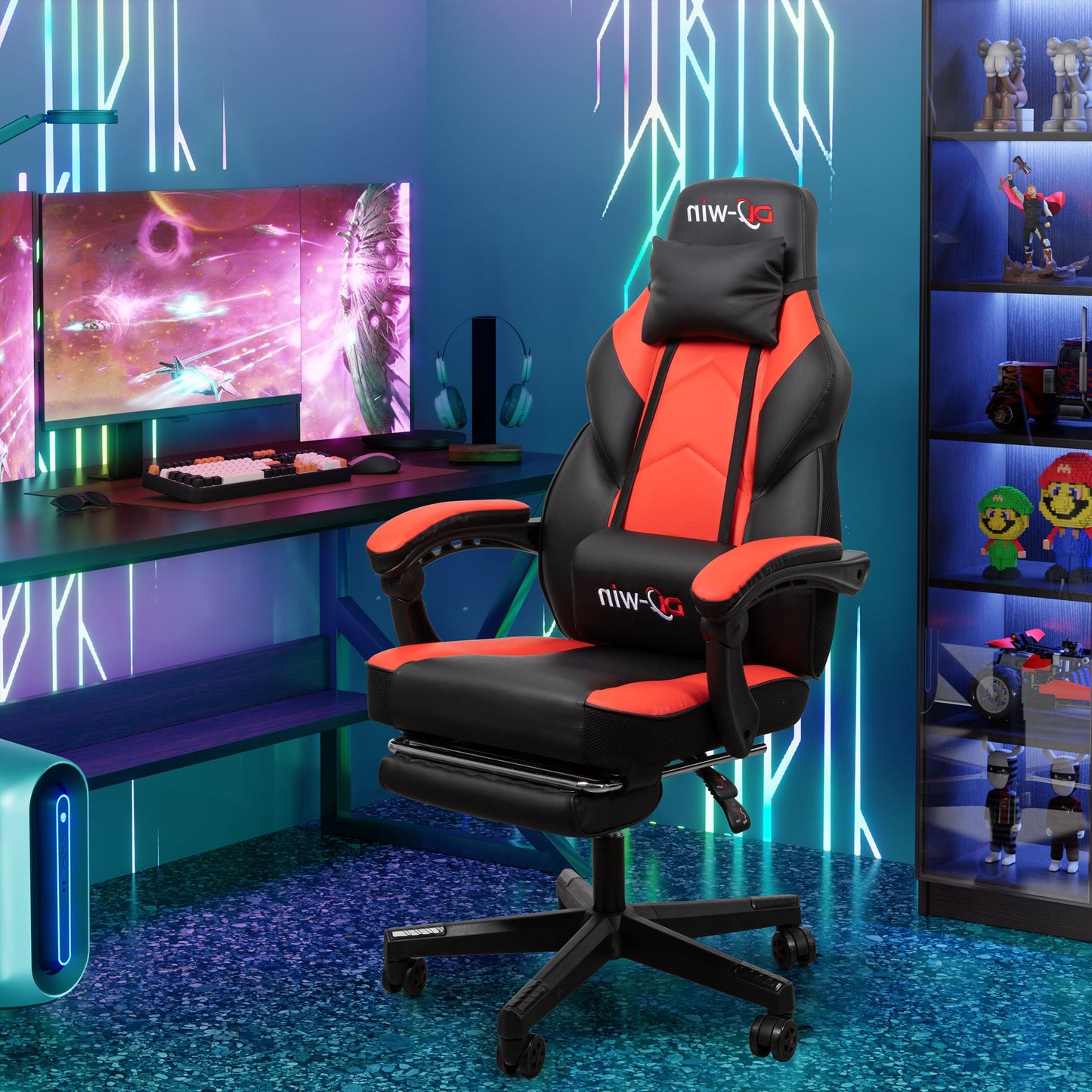 Walsunny Gaming Chairs with Footrest, Massage Leather Game Chair for Adults Big and Tall Gamer Chair with Headrest and Lumbar Support with Ergonomic PU Leather