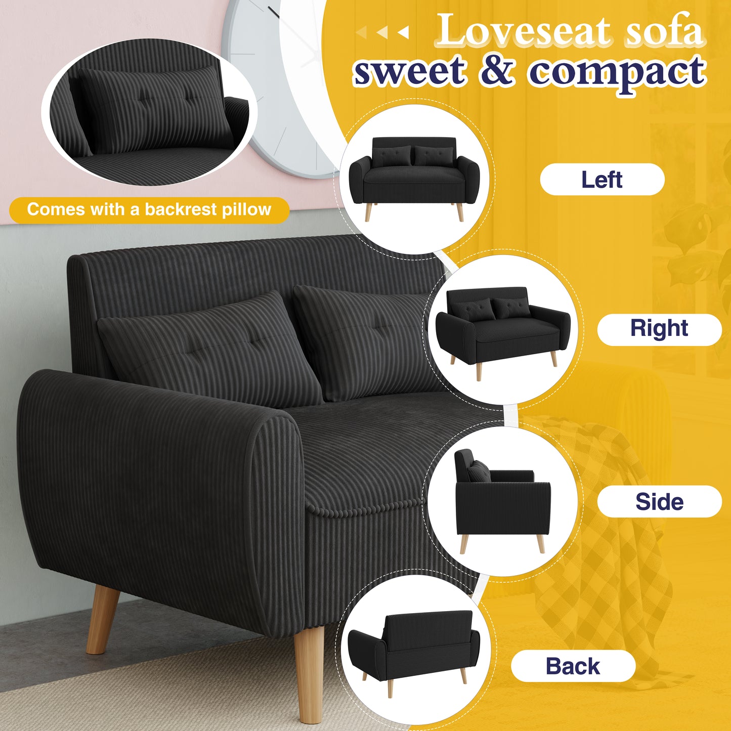 Walsunny 49" Loveseat Sofa Couch, 2-Seat Fabric Upholstered Sofa with 2 Removable Pillows, Modern Loveseat Couch, Wood Leg