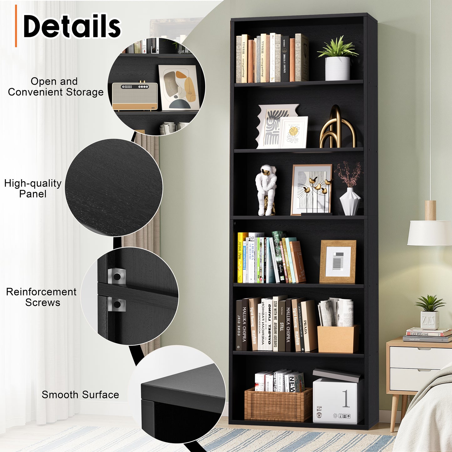 Walsunny 6 Tier Bookshelf Standard Wooden Bookcase Display Shelf with Storage Anti-tipping Device for Home Office Living Room