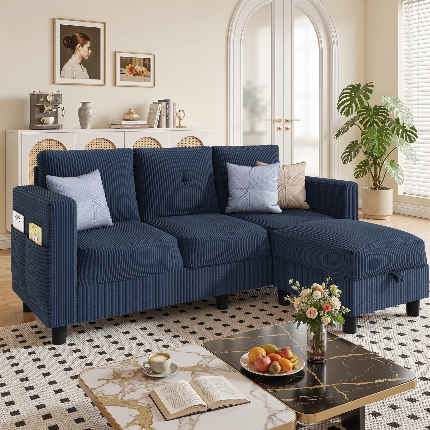 Walsunny Convertible Sectional Sofa Couch, Modern Linen Fabric L-Shaped Couch 3-Seat Sofa Sectional with Reversible Chaise for Small Living Room, Apartment and Small Space
