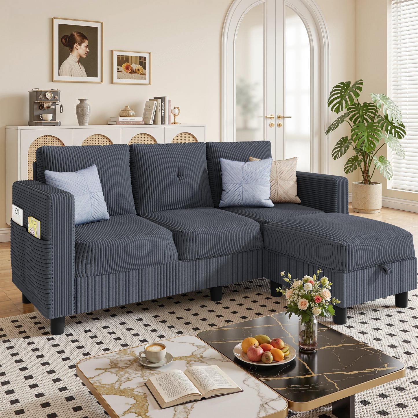 Walsunny Convertible Sectional Sofa Couch, Modern Linen Fabric L-Shaped Couch 3-Seat Sofa Sectional with Reversible Chaise for Small Living Room, Apartment and Small Space