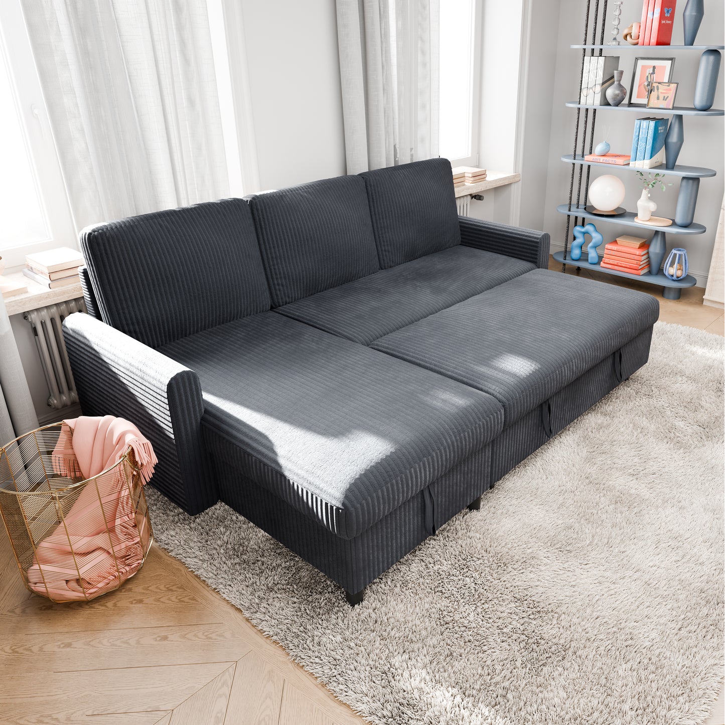 Walsunny Sectional Sofa Couch Bed Storage Chaise Sleeper Pull Out Sofa Couch for Living Room Deep Gray