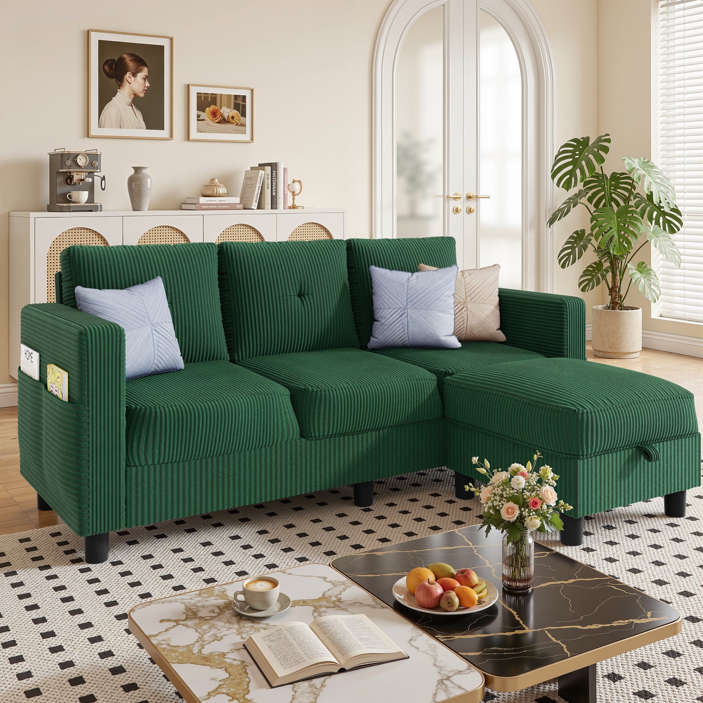 Walsunny Convertible Sectional Sofa Couch, Modern Linen Fabric L-Shaped Couch 3-Seat Sofa Sectional with Reversible Chaise for Small Living Room, Apartment and Small Space