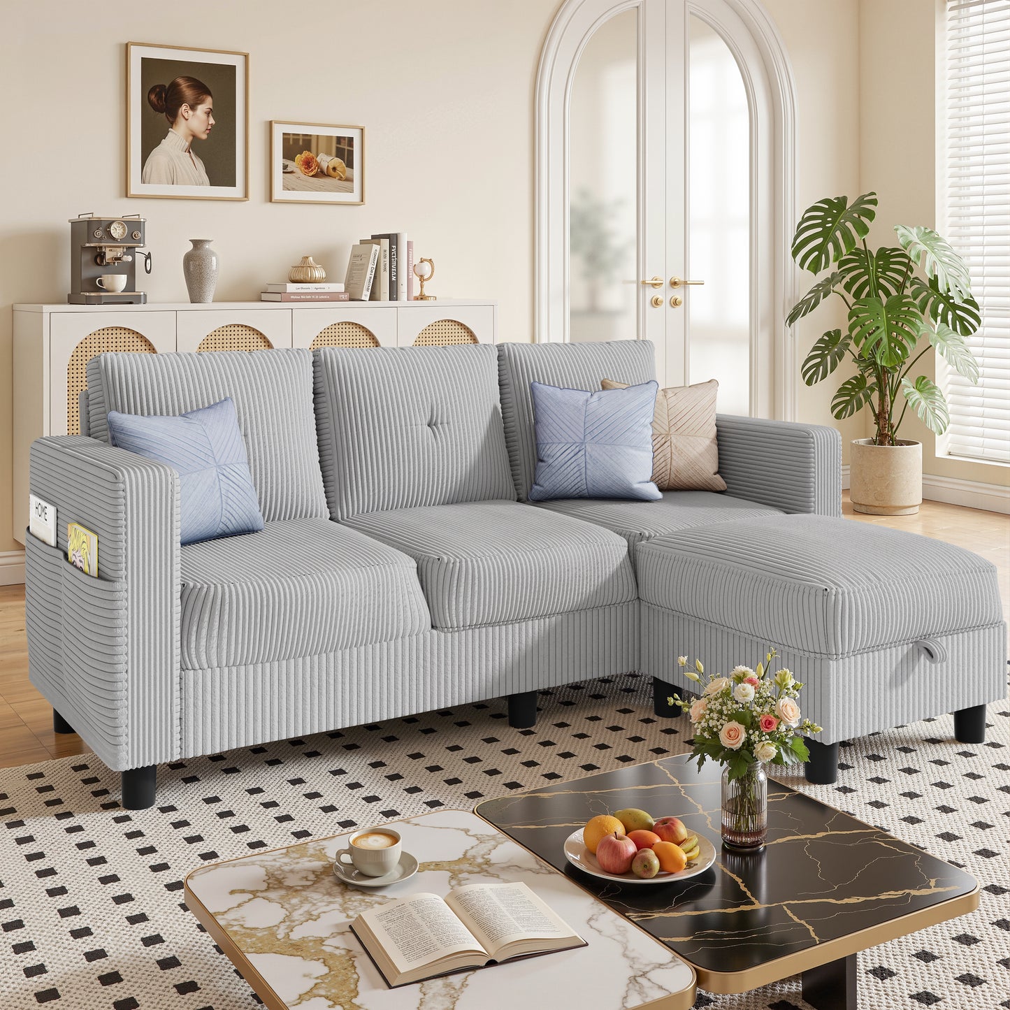 Walsunny Convertible Sectional Sofa Couch, Modern Linen Fabric L-Shaped Couch 3-Seat Sofa Sectional with Reversible Chaise for Small Living Room, Apartment and Small Space
