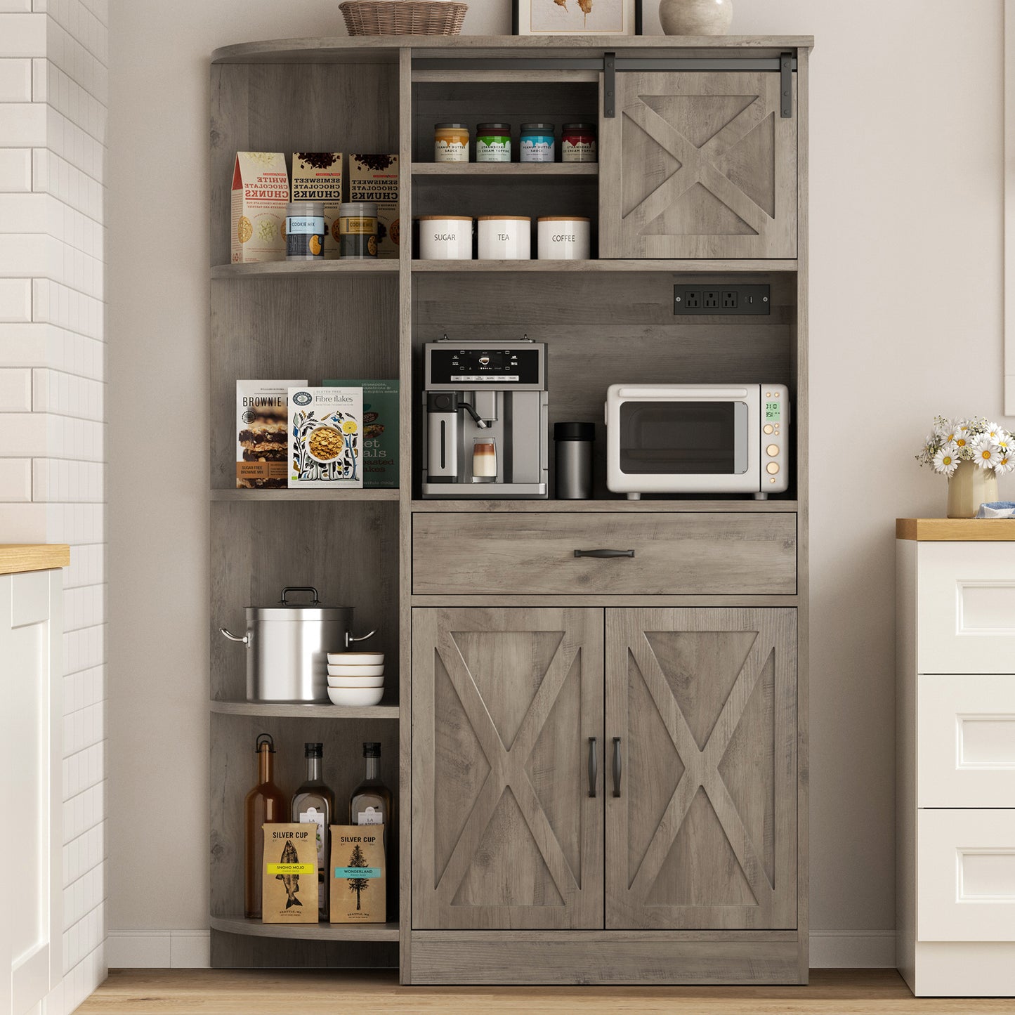 Walsunny 60.4" Kitchen Pantry Storage Cabinet with Adjustable Shelves, Racks and Doors Freestanding Kitchen Hutch Cupboard