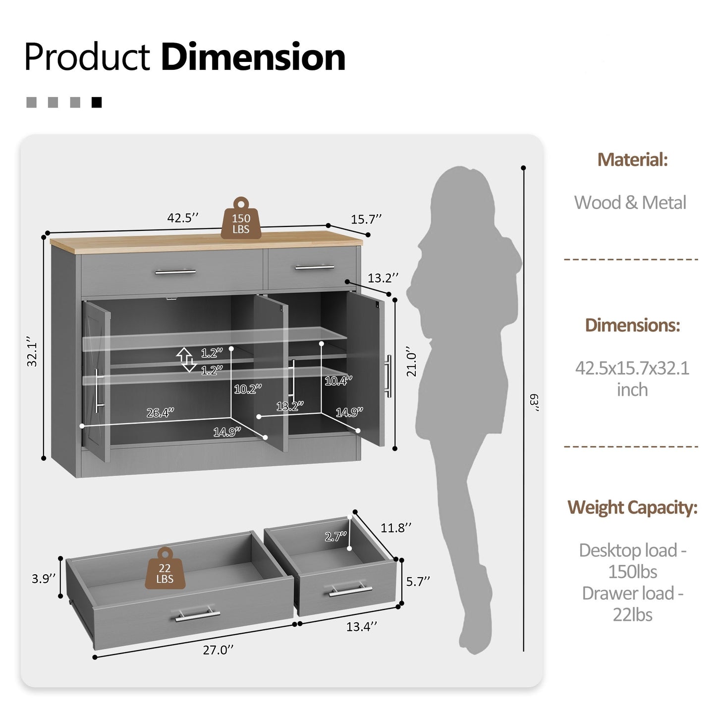 Walsunny Kitchen Buffet Sideboard Cabinet with Adjustable Shelf,Wooden Storage Cabinet with 3 Doors and 2 Drawers,Modern Farmhouse Coffee Bar Cabinet with Storage for Kitchen/Living Room