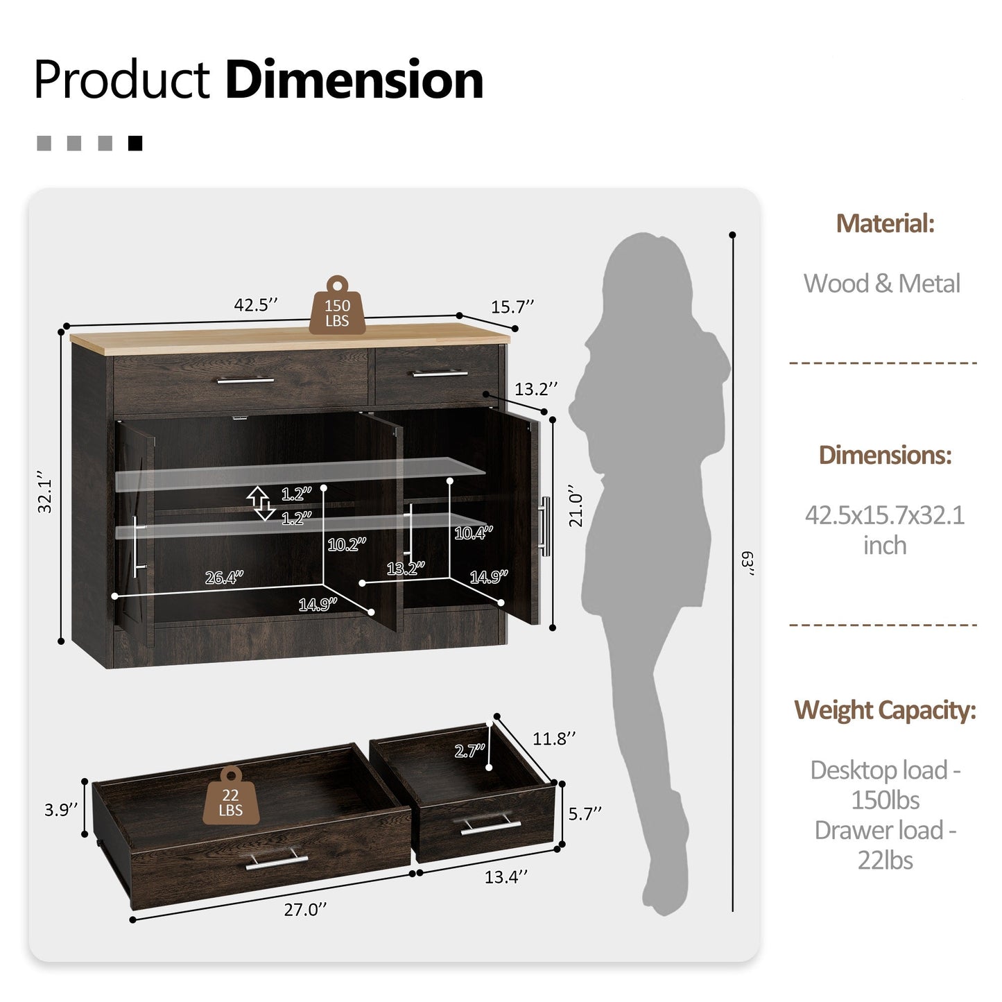 Walsunny Kitchen Buffet Sideboard Cabinet with Adjustable Shelf,Wooden Storage Cabinet with 3 Doors and 2 Drawers,Modern Farmhouse Coffee Bar Cabinet with Storage for Kitchen/Living Room