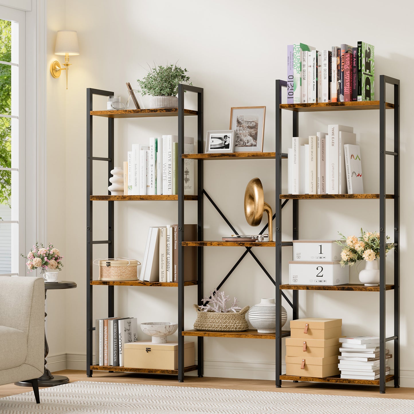 Walsunny Triple 5 Tier Bookshelf, Industrial Large Bookcase with 14 Open Display Shelves, Large Etagere Bookshelf,Wide Book Shelf Book Case for Home & Office, Rustic Brown