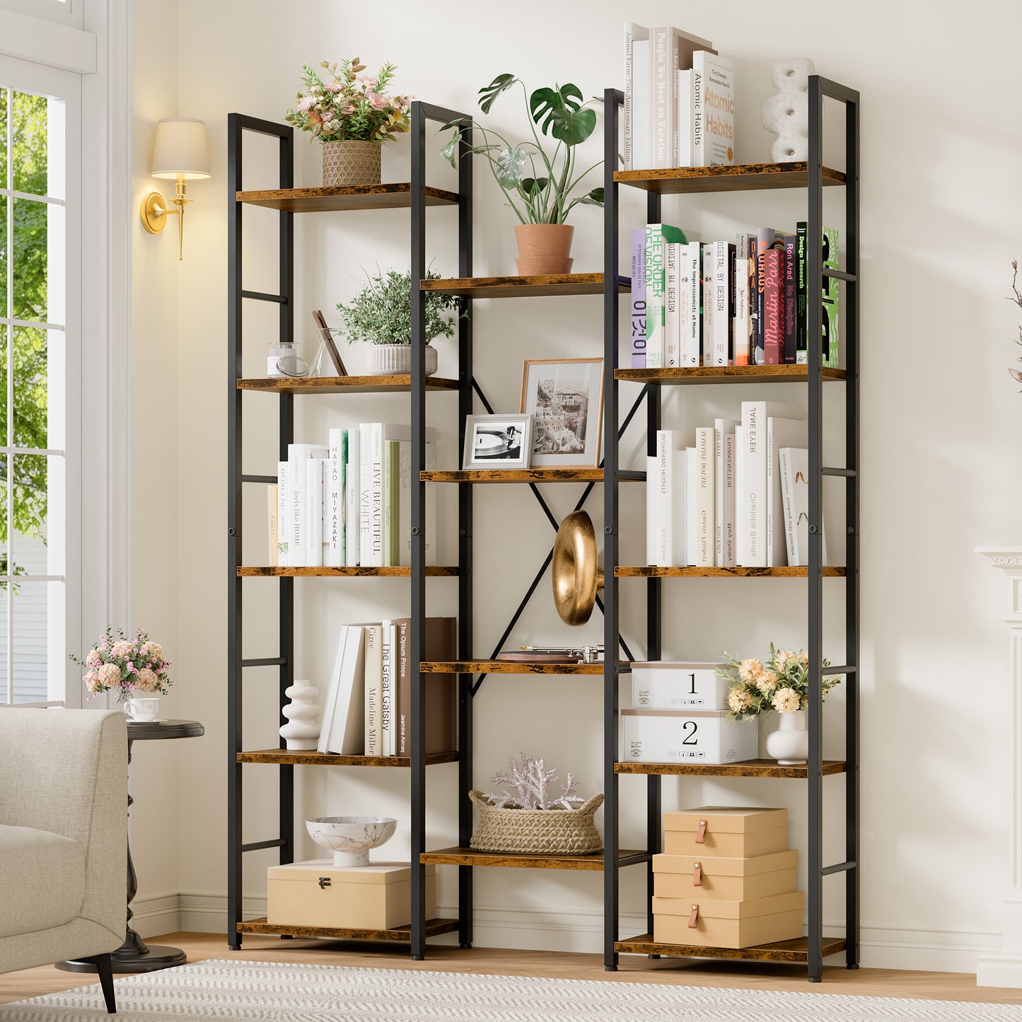 Walsunny Triple 5 Tier Bookshelf, Industrial Large Bookcase with 14 Open Display Shelves, Large Etagere Bookshelf,Wide Book Shelf Book Case for Home & Office, Rustic Brown