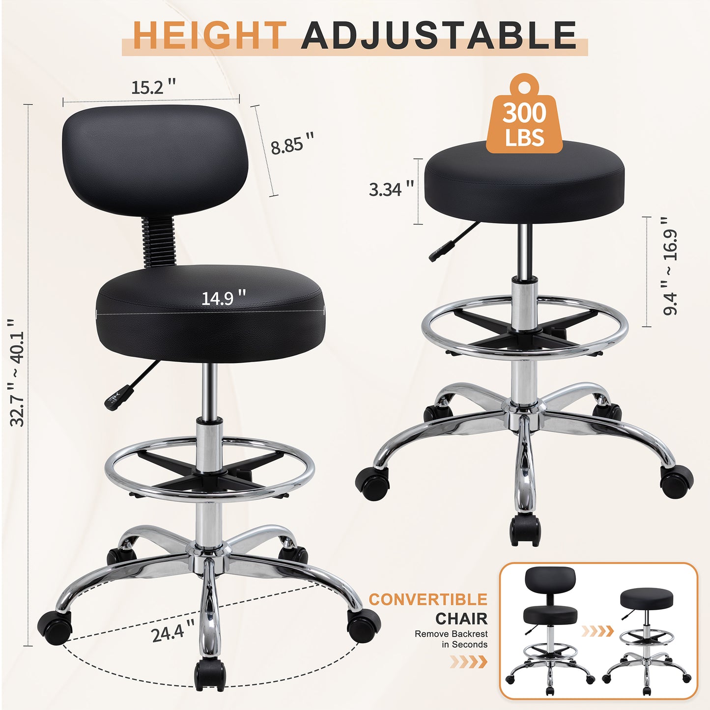 Walsunny Drafting Office Chair with Low Back, Swivel Draft Rolling Stool with Footrest, Armless PU Leather Desk Chair, Adjustable Height, Black