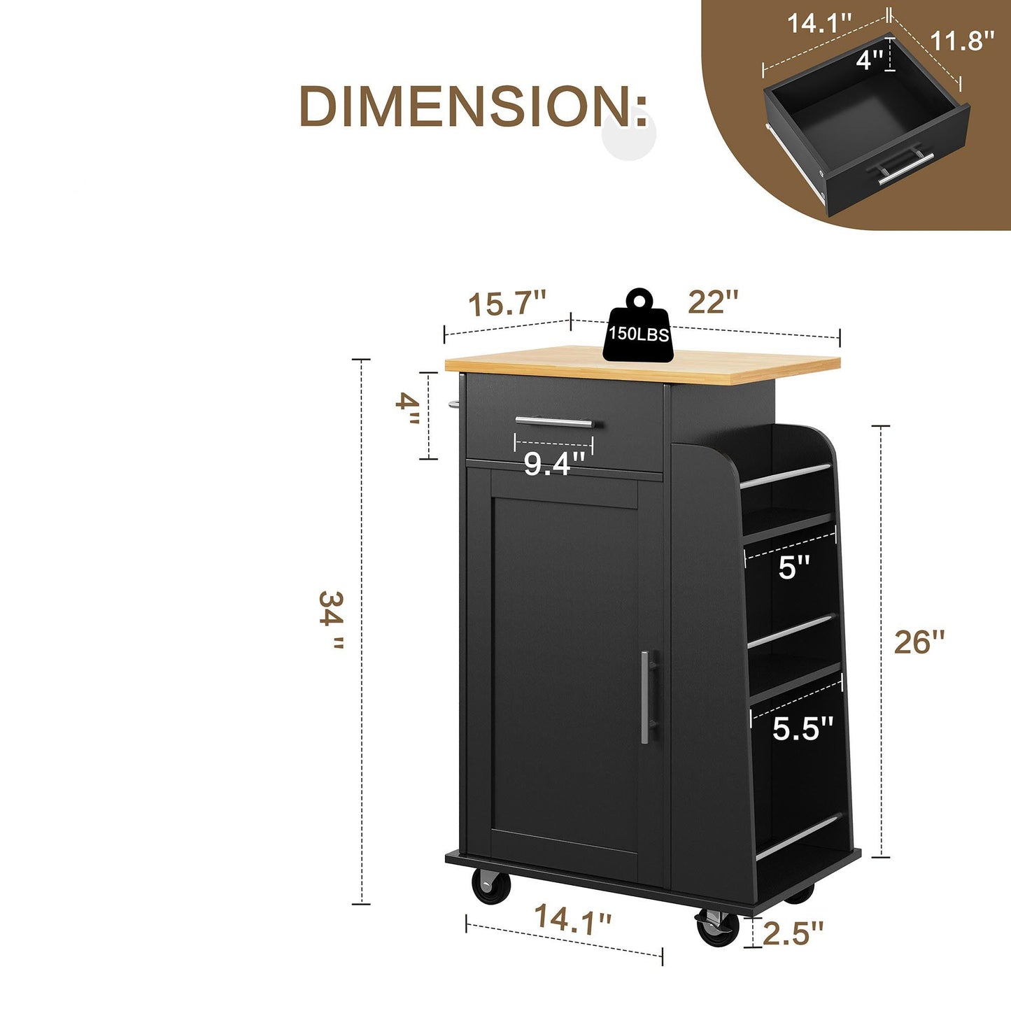 Walsunny Kitchen Island Rolling Cart with Storage Cabinet, Coffee Bar