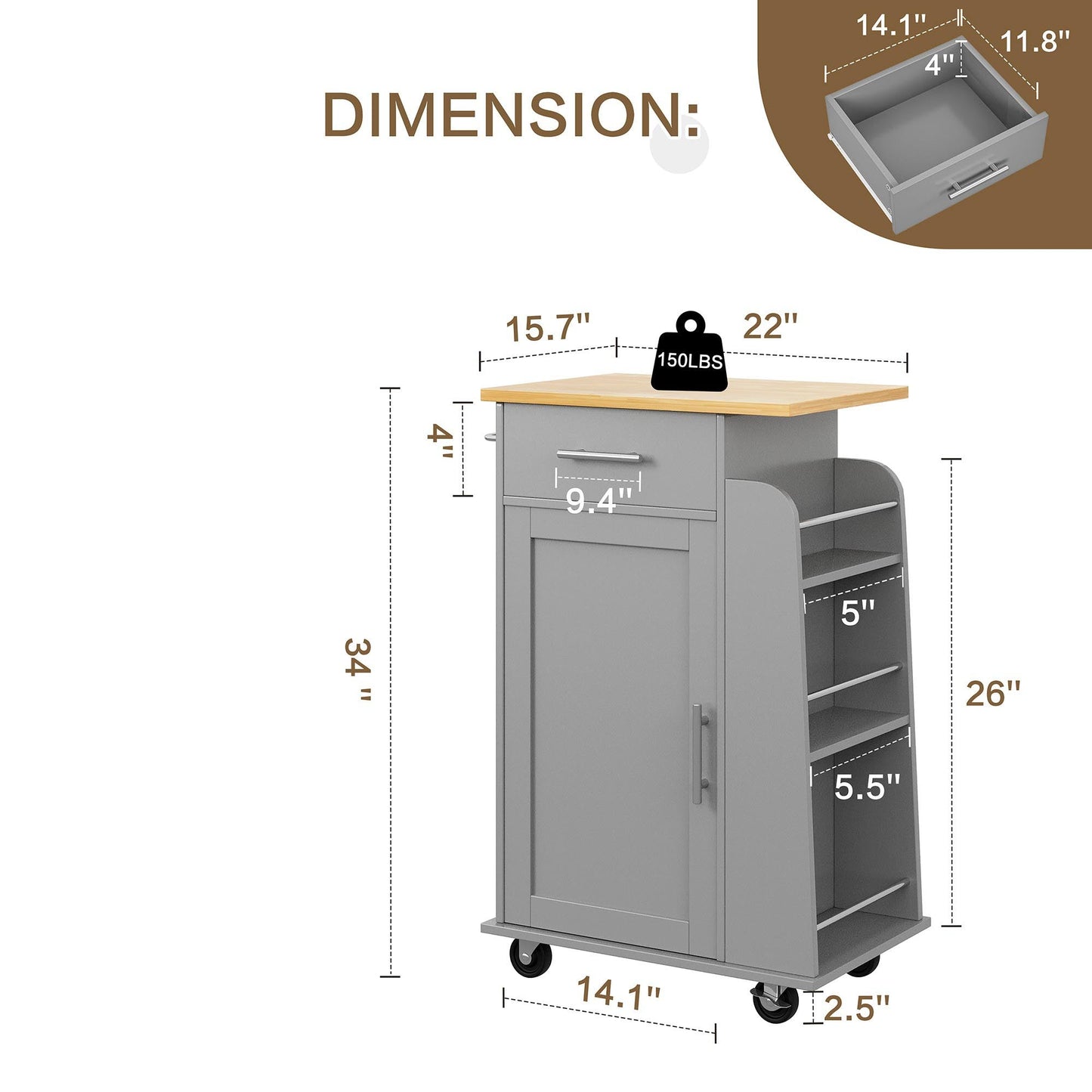 Walsunny Kitchen Island Rolling Cart with Storage Cabinet, Coffee Bar