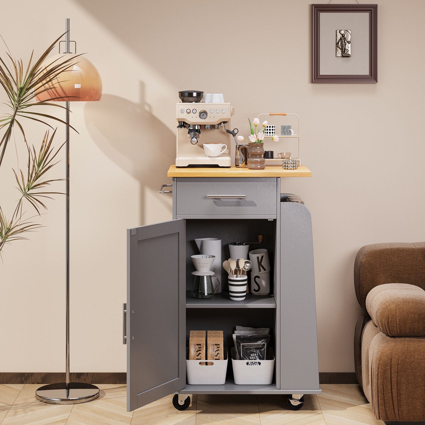 Walsunny Kitchen Island Rolling Cart with Storage Cabinet, Coffee Bar
