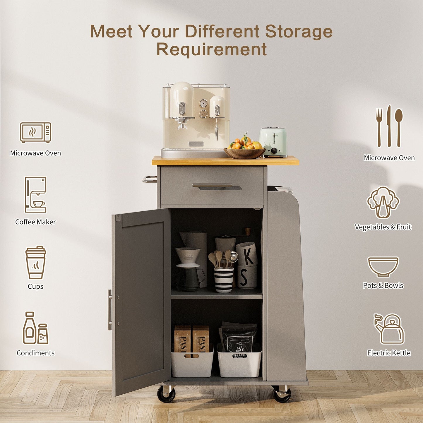 Walsunny Kitchen Island Rolling Cart with Storage Cabinet, Coffee Bar