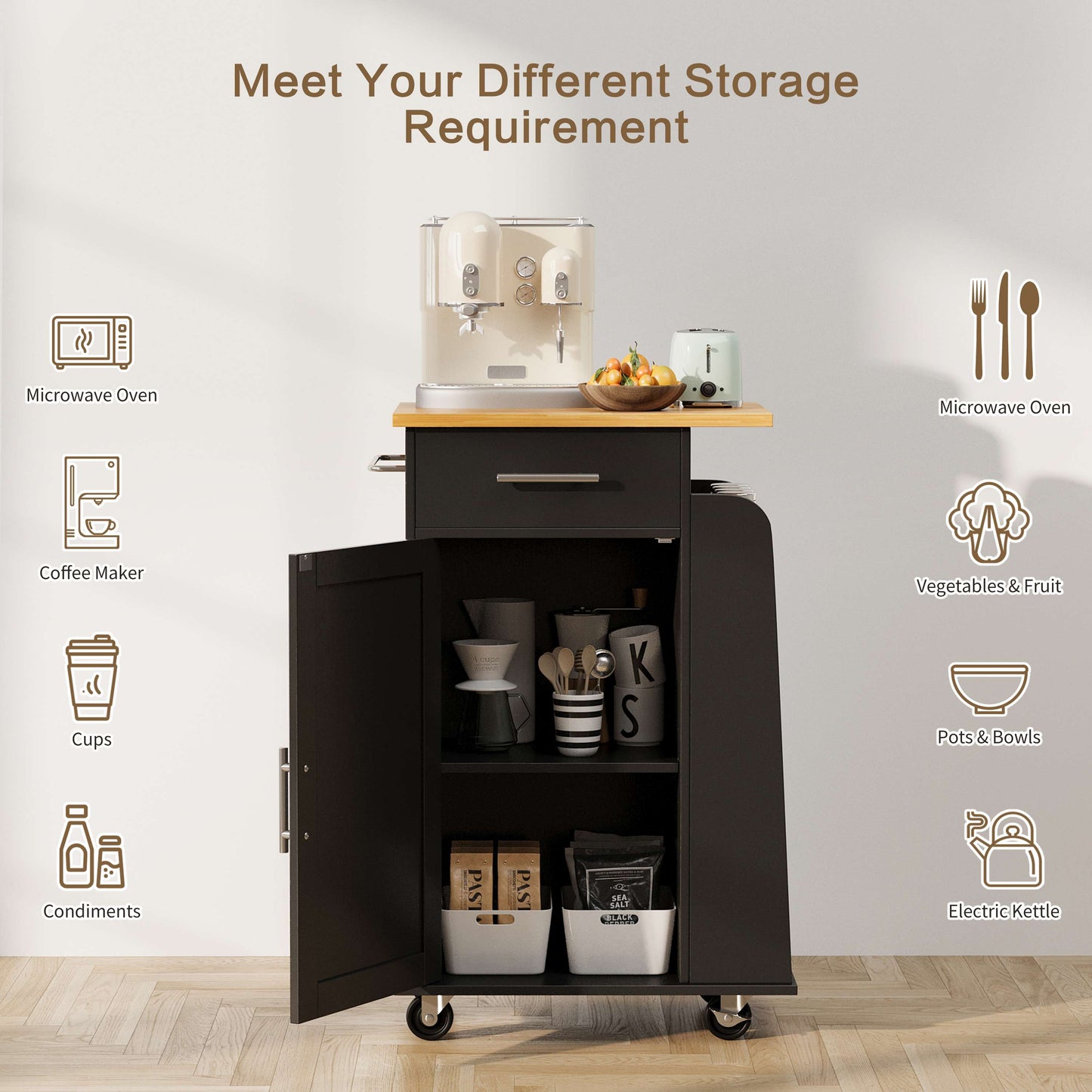 Walsunny Kitchen Island Rolling Cart with Storage Cabinet, Coffee Bar