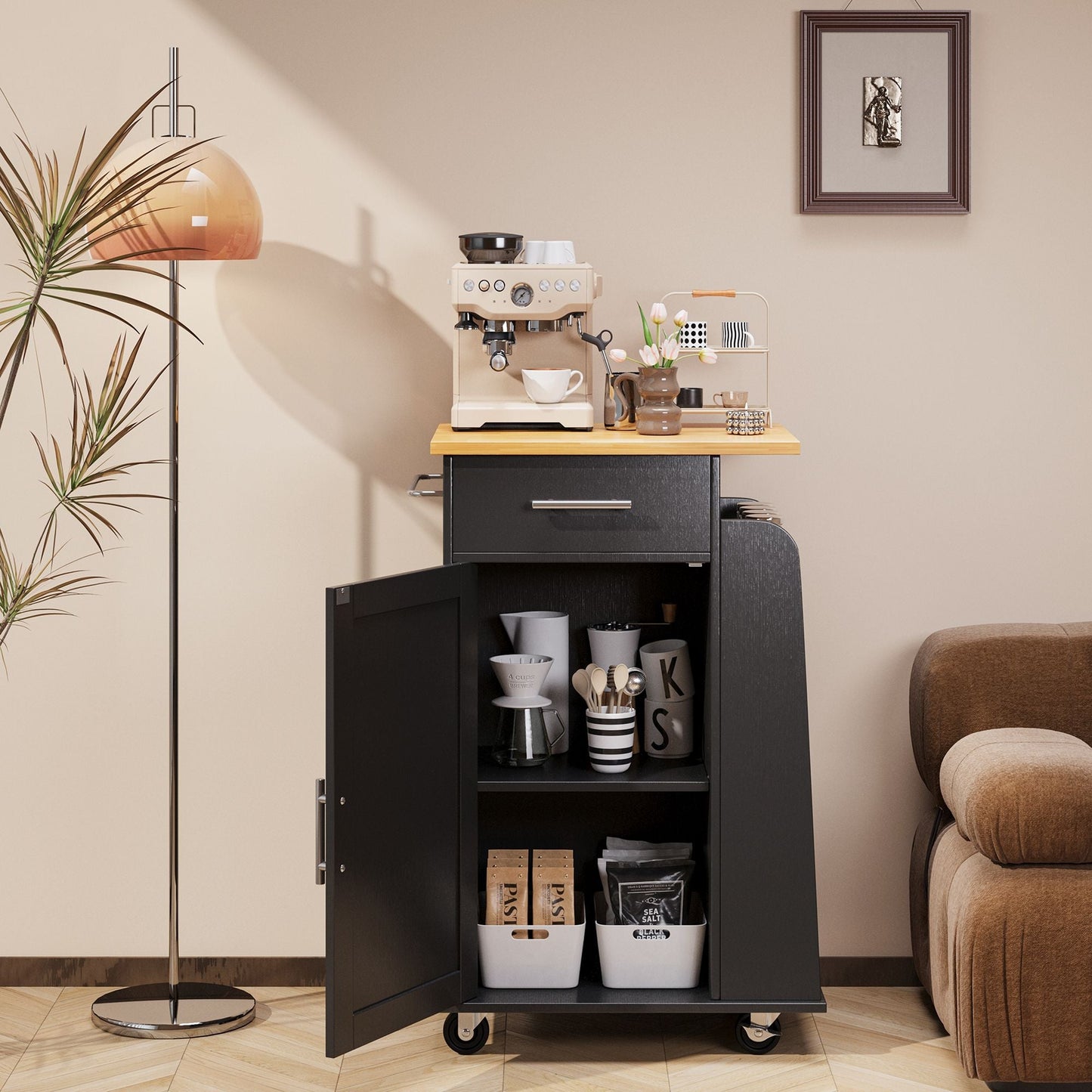 Walsunny Kitchen Island Rolling Cart with Storage Cabinet, Coffee Bar