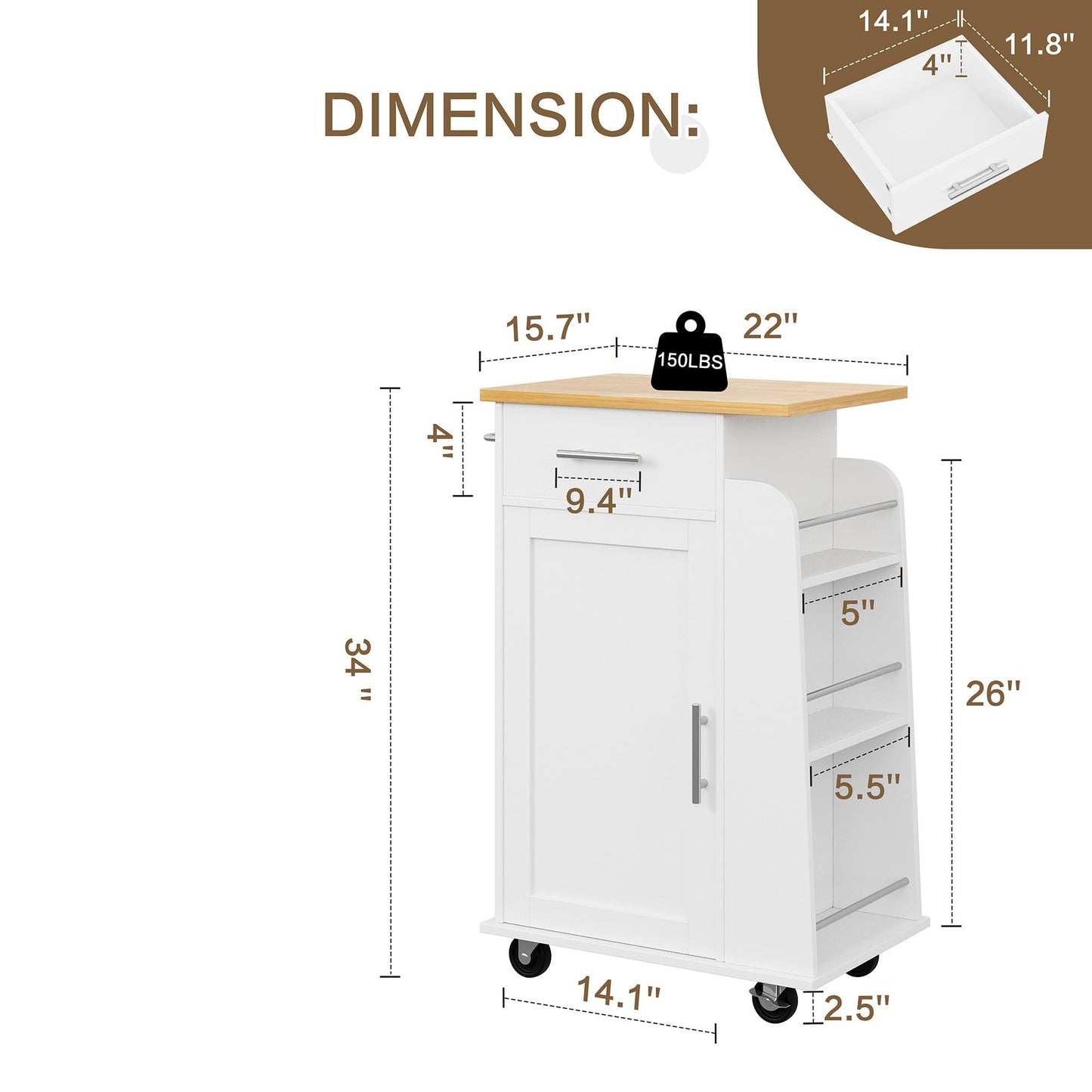 Walsunny Kitchen Island Rolling Cart with Storage Cabinet, Coffee Bar