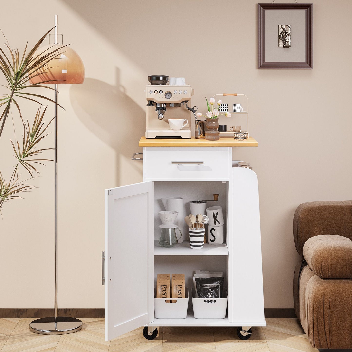 Walsunny Kitchen Island Rolling Cart with Storage Cabinet, Coffee Bar