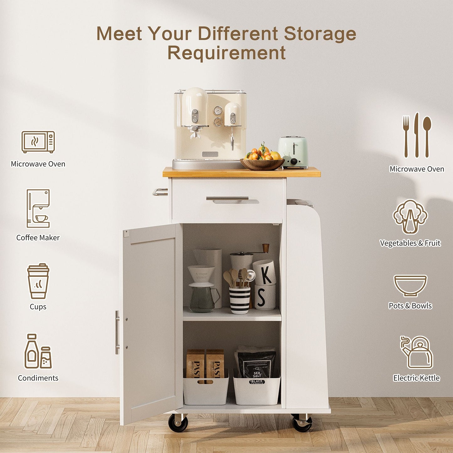 Walsunny Kitchen Island Rolling Cart with Storage Cabinet, Coffee Bar