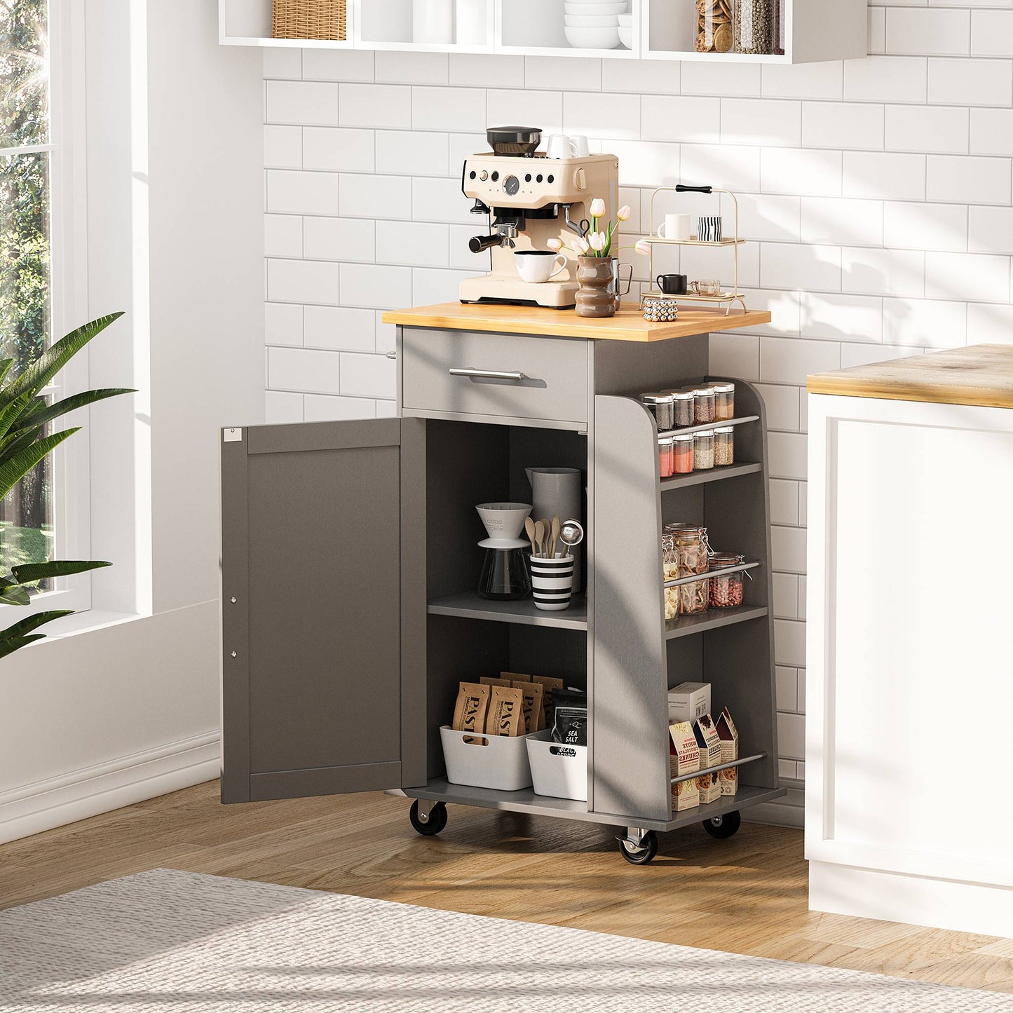 Walsunny Kitchen Island Rolling Cart with Storage Cabinet, Coffee Bar