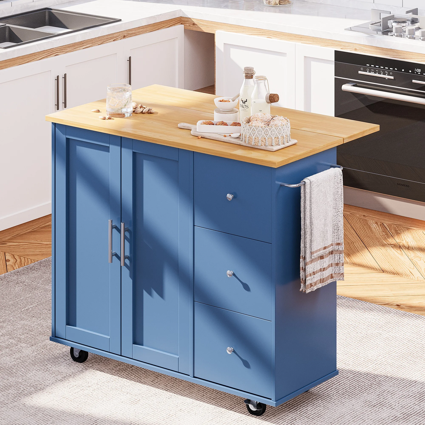 Walsunny Kitchen Island on Wheels with Storage Cabinet & Foldable Drop Leaf, 39.7" Width Rolling Kitchen Table