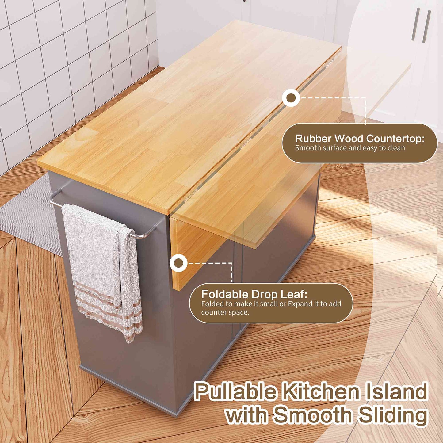 Walsunny Kitchen Island on Wheels with Storage Cabinet & Foldable Drop Leaf, 39.7" Width Rolling Kitchen Table