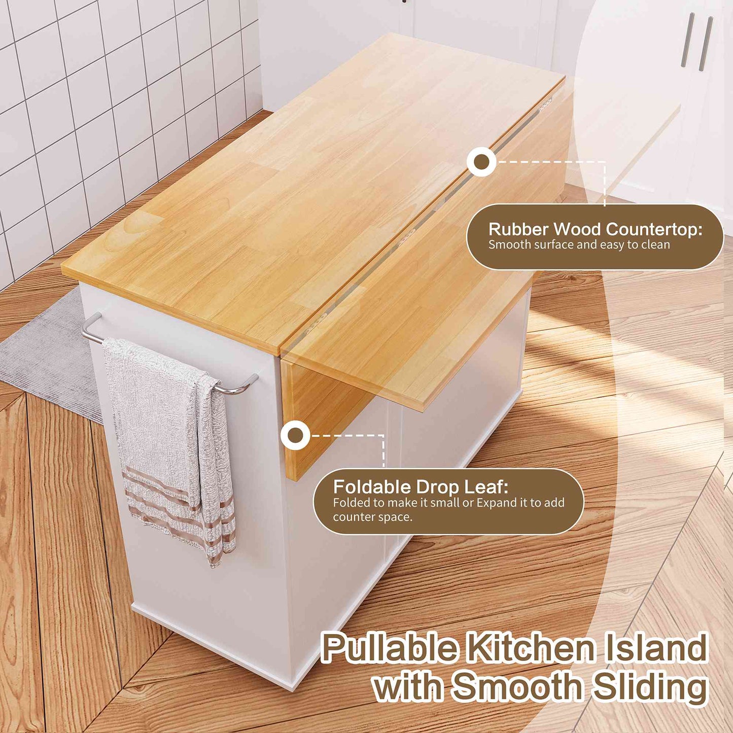 Walsunny Kitchen Island on Wheels with Storage Cabinet & Foldable Drop Leaf, 39.7" Width Rolling Kitchen Table
