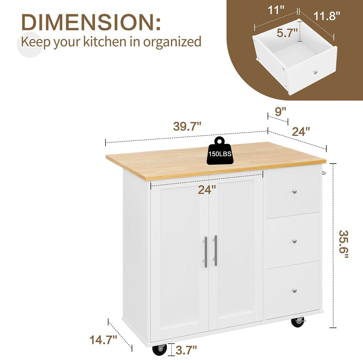 Walsunny Kitchen Island on Wheels with Storage Cabinet & Foldable Drop Leaf, 39.7" Width Rolling Kitchen Table