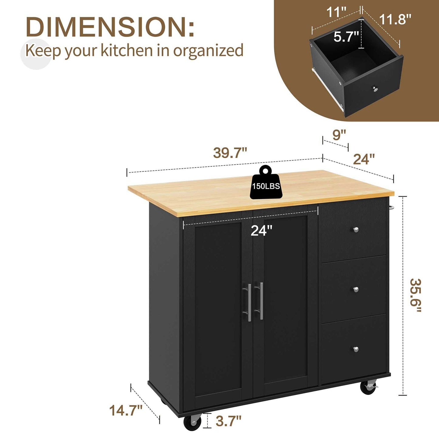 Walsunny Kitchen Island on Wheels with Storage Cabinet & Foldable Drop Leaf, 39.7" Width Rolling Kitchen Table