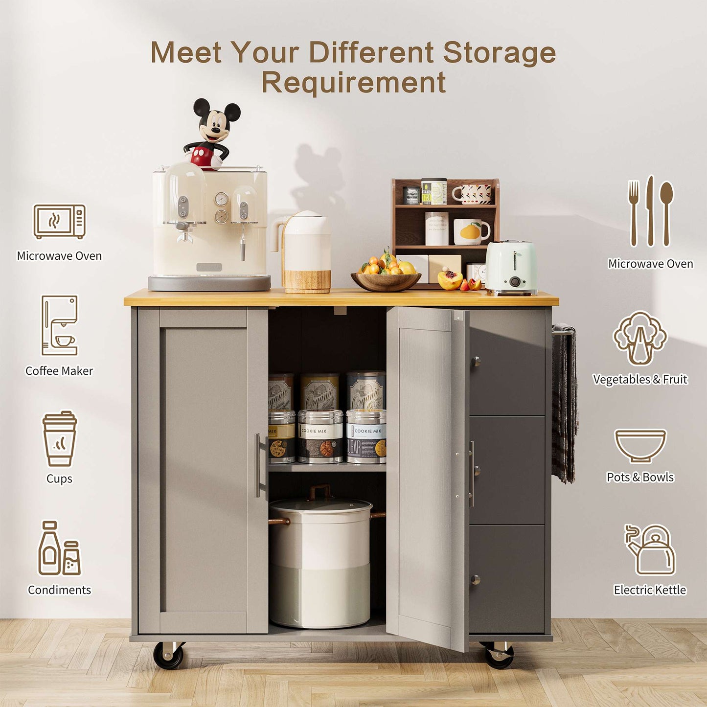 Walsunny Kitchen Island on Wheels with Storage Cabinet & Foldable Drop Leaf, 39.7" Width Rolling Kitchen Table
