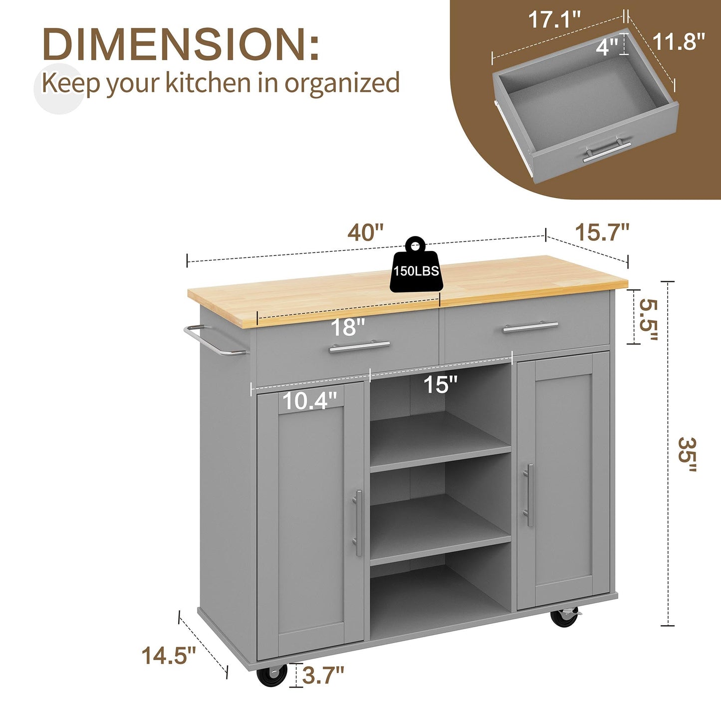 Walsunny 40" Kitchen Islands Carts with Storage Drop Leaf Countertop on Wheels Rolling Microwave Utility Carts with 3 Drawers 1 Storage Cabinets,Brown