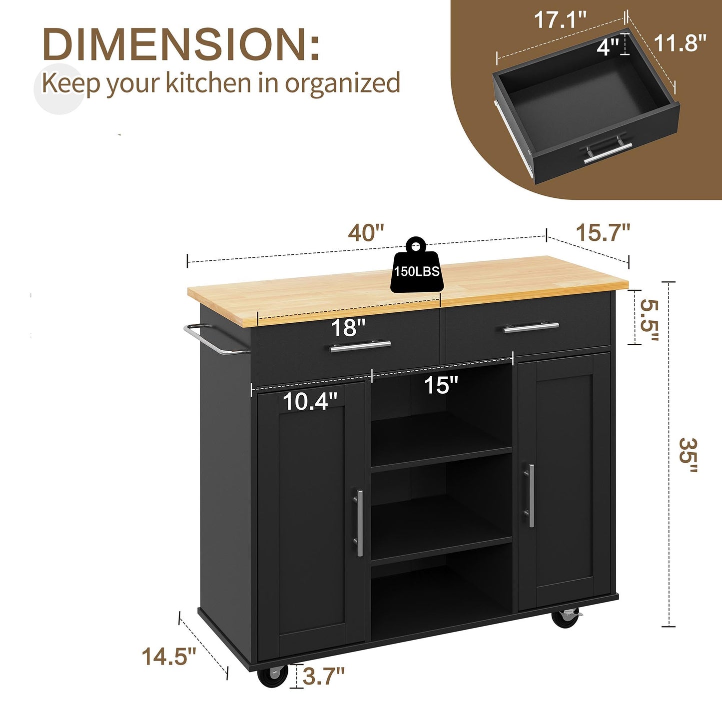 Walsunny 40" Kitchen Islands Carts with Storage Drop Leaf Countertop on Wheels Rolling Microwave Utility Carts with 3 Drawers 1 Storage Cabinets,Brown