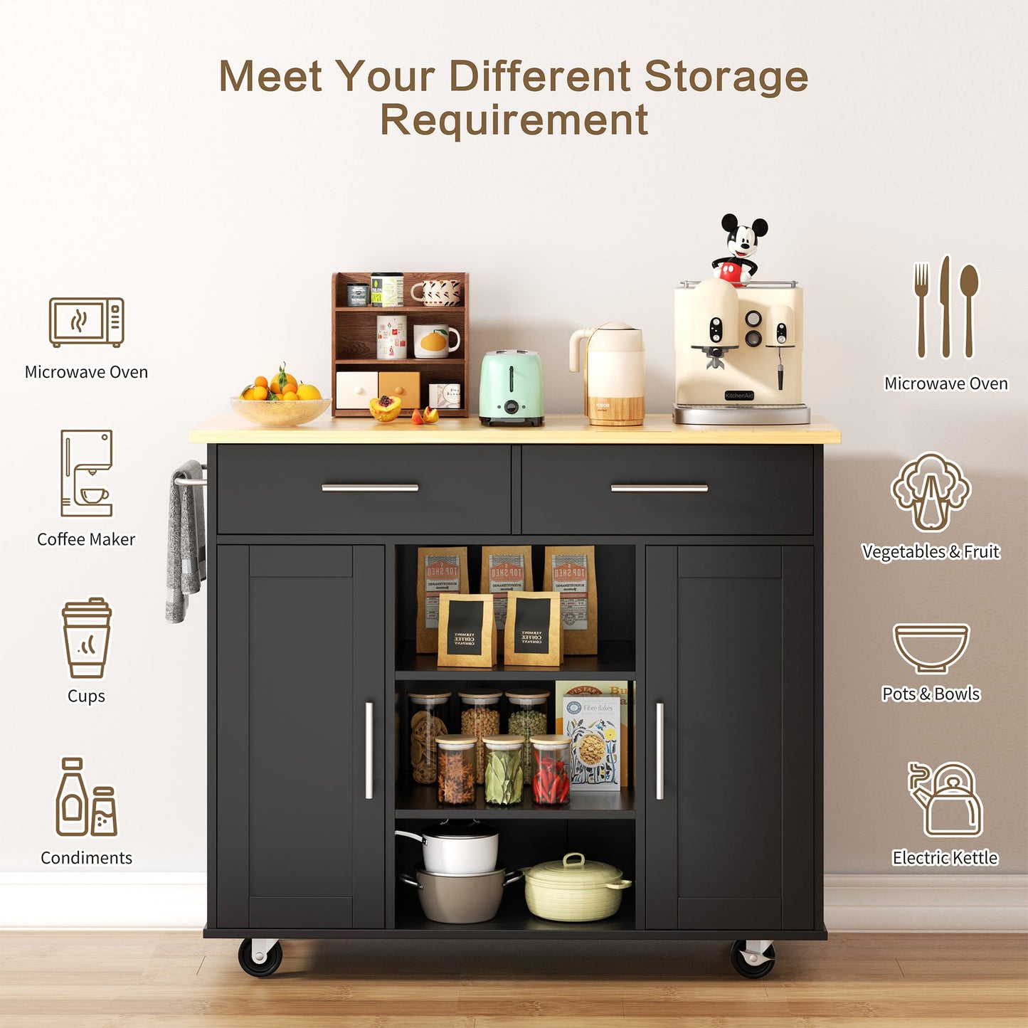 Walsunny 40" Kitchen Islands Carts with Storage Drop Leaf Countertop on Wheels Rolling Microwave Utility Carts with 3 Drawers 1 Storage Cabinets,Brown