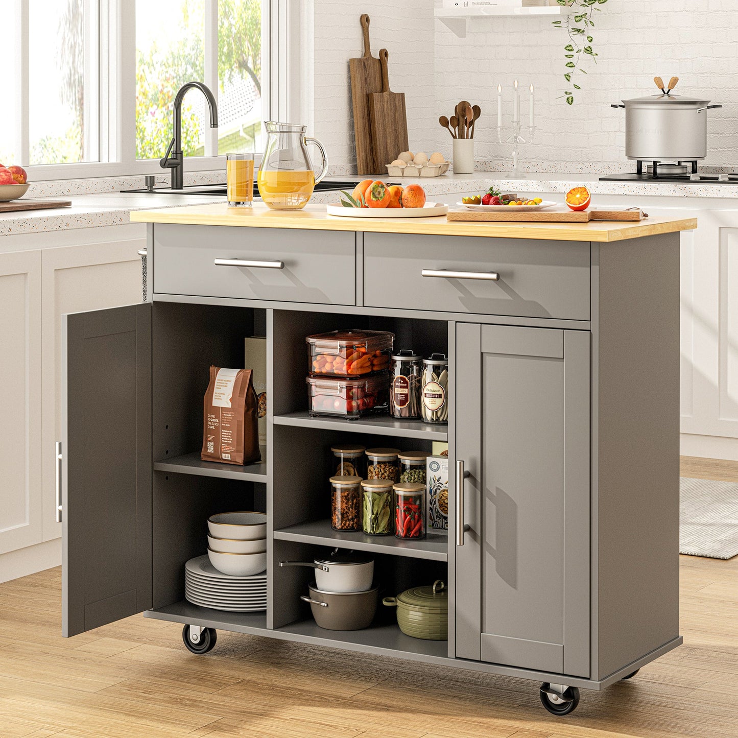 Walsunny 40" Kitchen Islands Carts with Storage Drop Leaf Countertop on Wheels Rolling Microwave Utility Carts with 3 Drawers 1 Storage Cabinets,Brown
