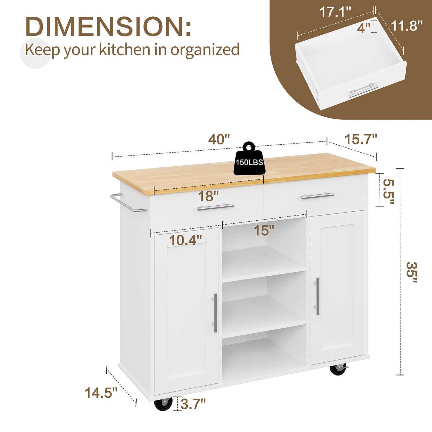 Walsunny 40" Kitchen Islands Carts with Storage Drop Leaf Countertop on Wheels Rolling Microwave Utility Carts with 3 Drawers 1 Storage Cabinets,Brown