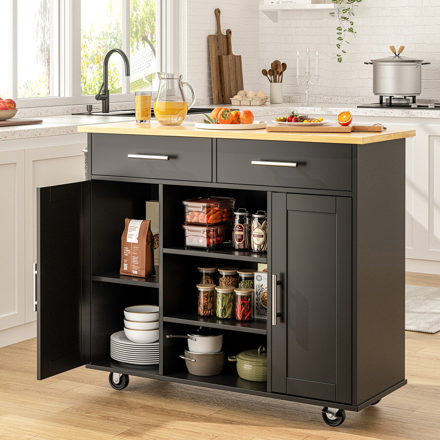 Walsunny 40" Kitchen Islands Carts with Storage Drop Leaf Countertop on Wheels Rolling Microwave Utility Carts with 3 Drawers 1 Storage Cabinets,Brown
