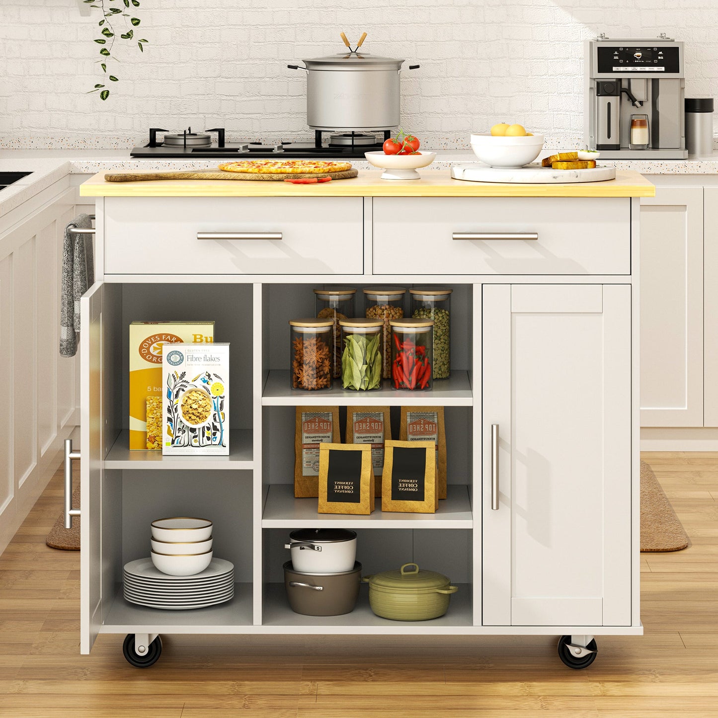 Walsunny 40" Kitchen Islands Carts with Storage Drop Leaf Countertop on Wheels Rolling Microwave Utility Carts with 3 Drawers 1 Storage Cabinets,Brown