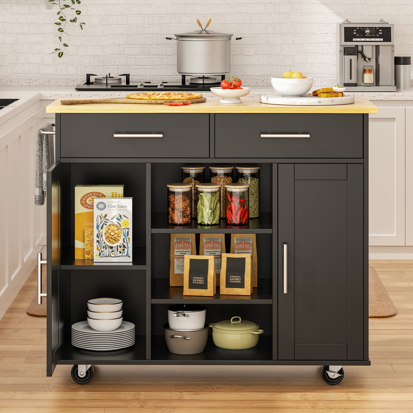 Walsunny 40" Kitchen Islands Carts with Storage Drop Leaf Countertop on Wheels Rolling Microwave Utility Carts with 3 Drawers 1 Storage Cabinets,Brown