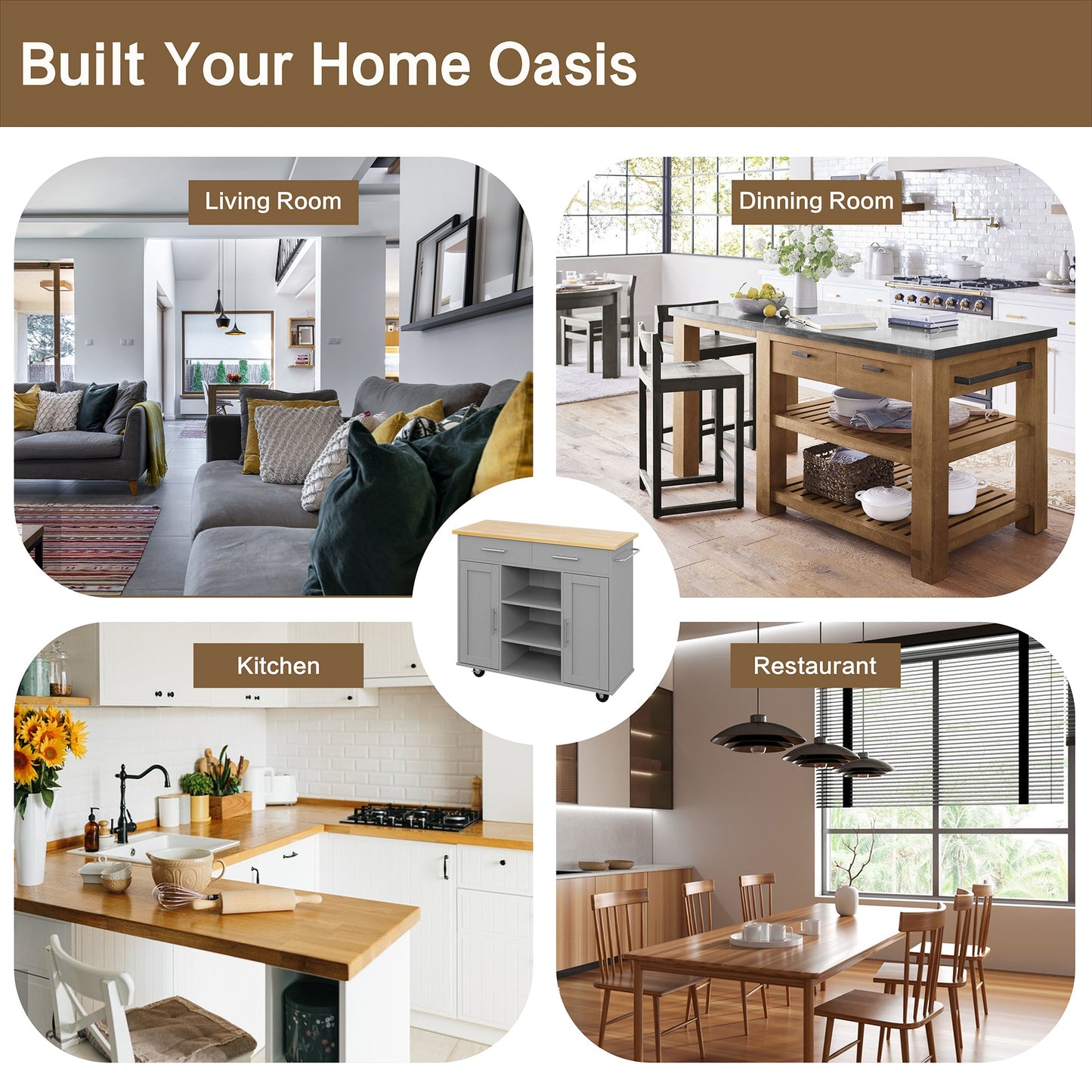 Walsunny 40" Kitchen Islands Carts with Storage Drop Leaf Countertop on Wheels Rolling Microwave Utility Carts with 3 Drawers 1 Storage Cabinets,Brown