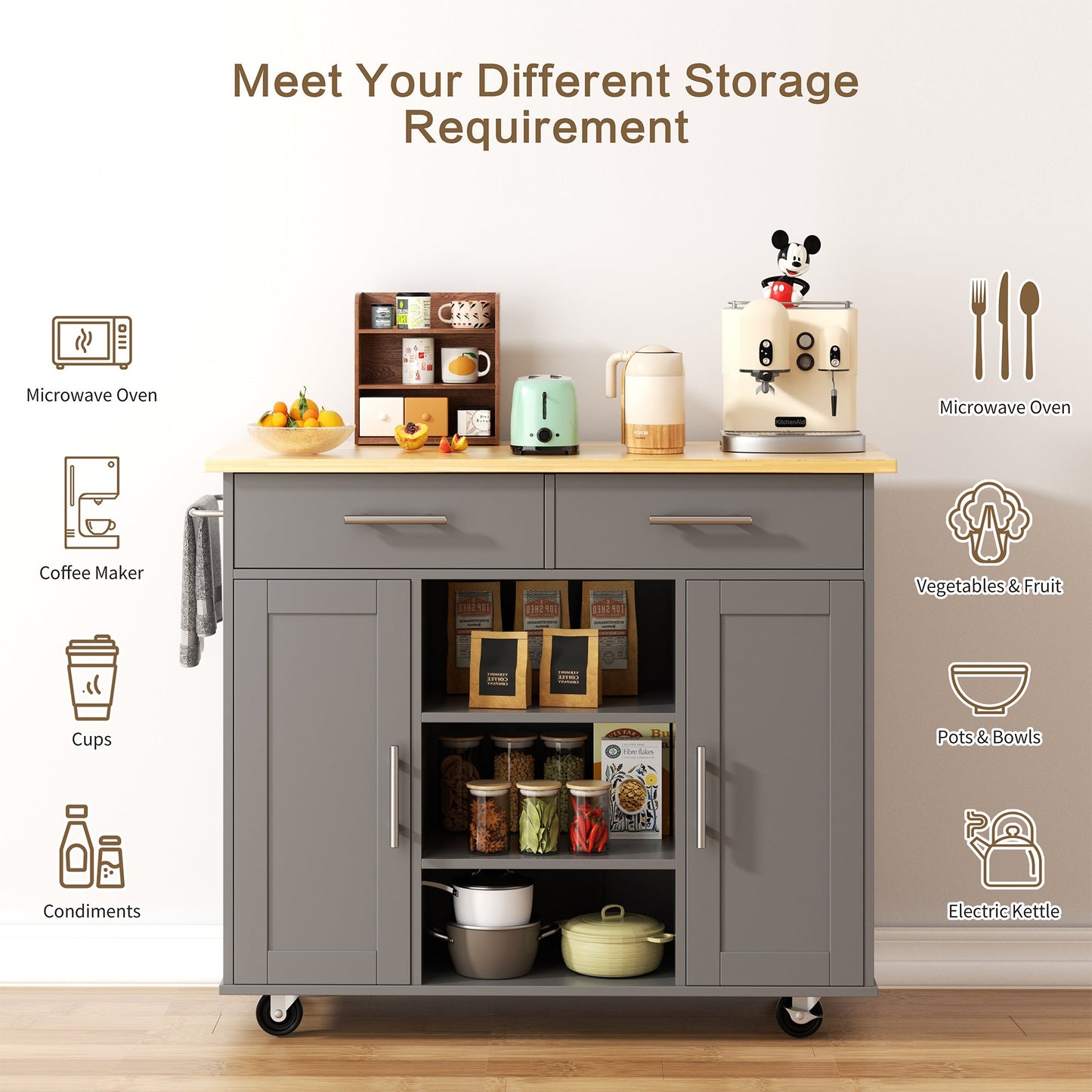 Walsunny 40" Kitchen Islands Carts with Storage Drop Leaf Countertop on Wheels Rolling Microwave Utility Carts with 3 Drawers 1 Storage Cabinets,Brown
