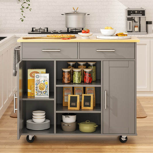 Walsunny 40" Kitchen Islands Carts with Storage Drop Leaf Countertop on Wheels Rolling Microwave Utility Carts with 3 Drawers 1 Storage Cabinets,Brown